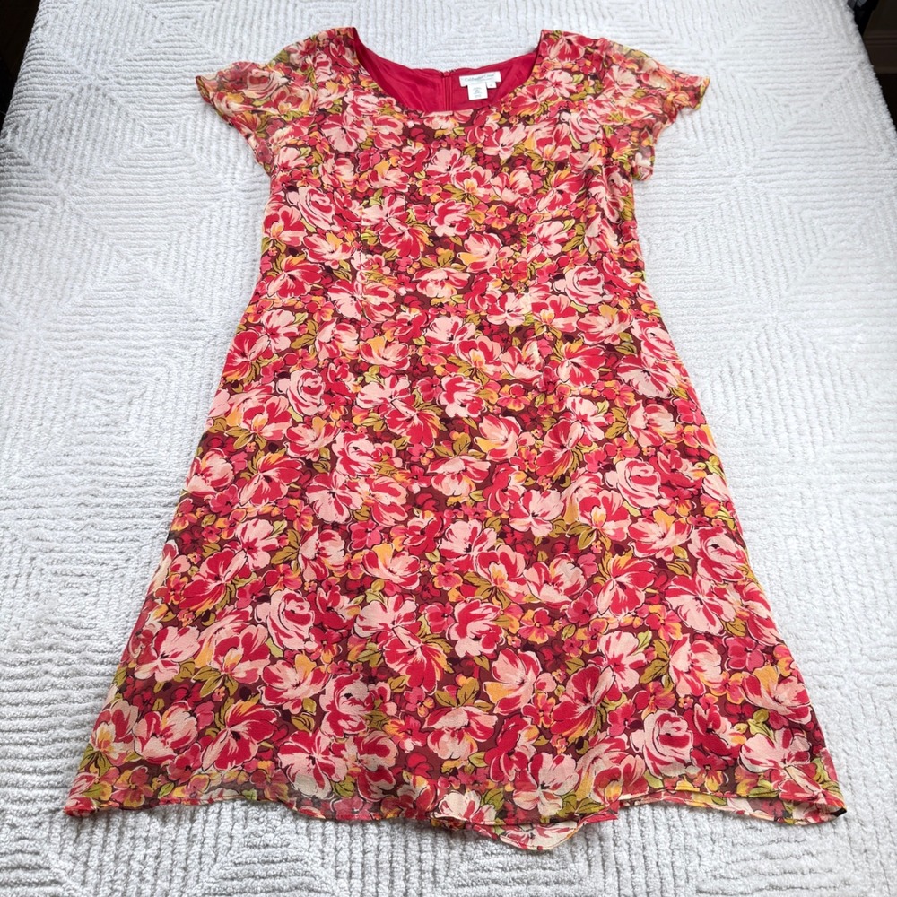 Coldwater Creek Silk Floral Shift Dress Womens 16 Red Cottagecore Romantic Chic